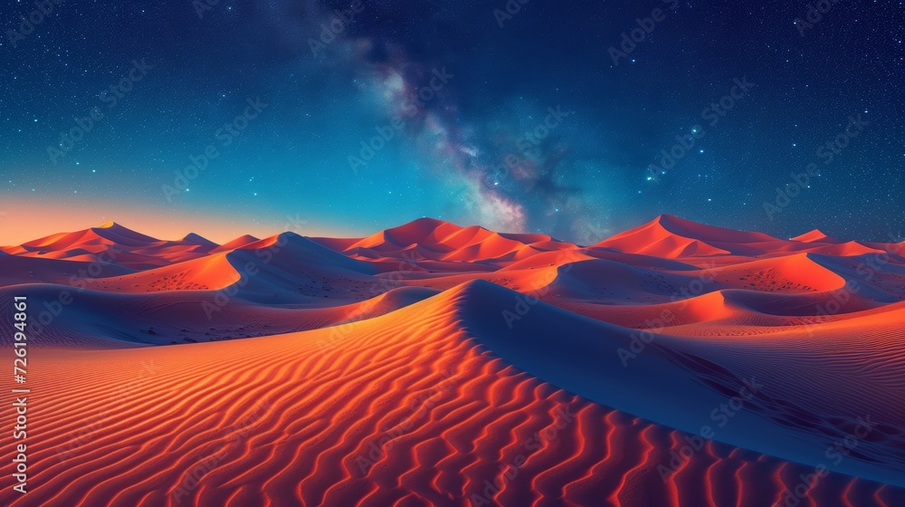 Poster desert dunes at night. 3d rendering of a desert landscape - generative ai