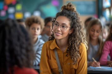 Picture of young female teacher and happy smiling children in elementary school Participate in a workshop with a teacher in the classroom.