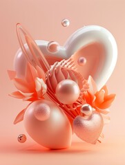Beautiful abstract shapes and objects in Peach Fuzz color form a heart shape, stylish background, 3d style