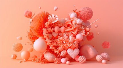 Beautiful abstract shapes and objects in Peach Fuzz color form a heart shape, stylish background, 3d style