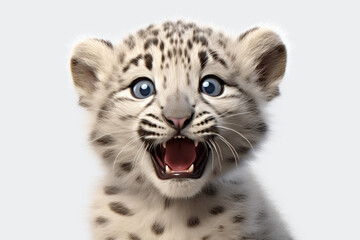 Naklejka premium Snow Leopard cub on a white background. Adorable 3D cartoon animal close-up portrait.