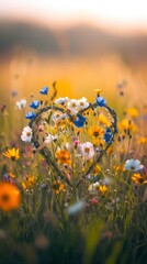 Colorful, delicate flowers form a heart shape in a summer meadow, beautiful sunny day