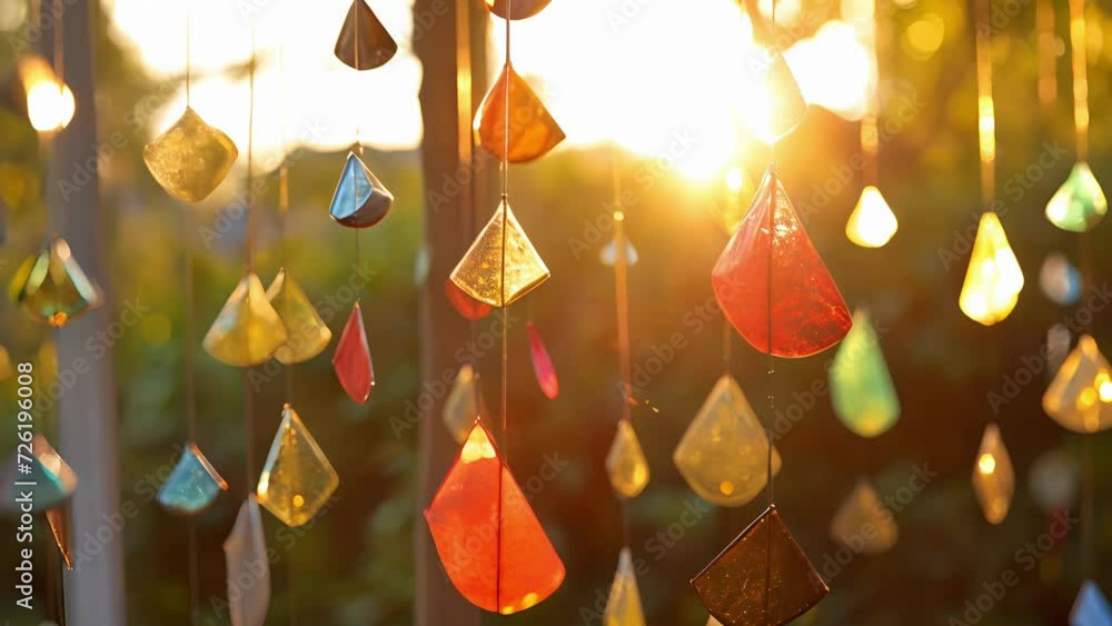 Poster a unique display of hanging mobiles made from recycled materials swaying gently in the evening breez