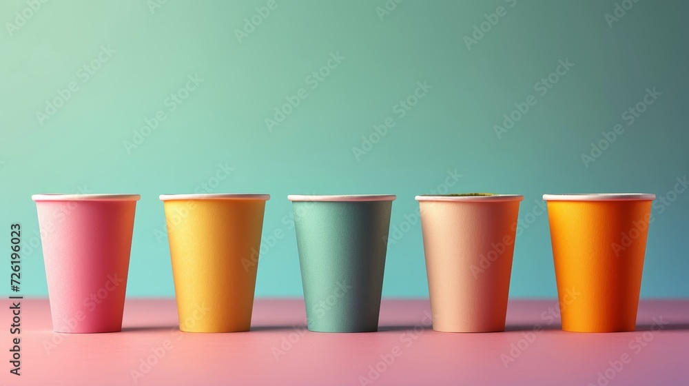 Poster 3d render of a row of colorful paper cups on a pastel background - generative ai