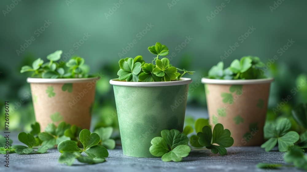 Poster green paper cups with clover leaves. st.patrick's day - generative ai