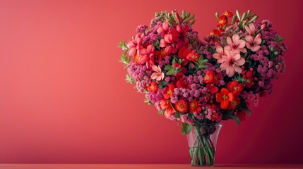 Fantastic lush and bright heart shaped flower bouquet standing in the vase, isolated on colored background