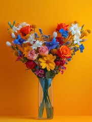 Fantastic lush and bright heart shaped flower bouquet standing in the vase, isolated on colored background
