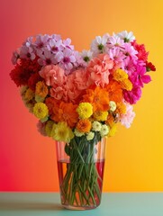 Fantastic lush and bright heart shaped flower bouquet standing in the vase, isolated on colored background