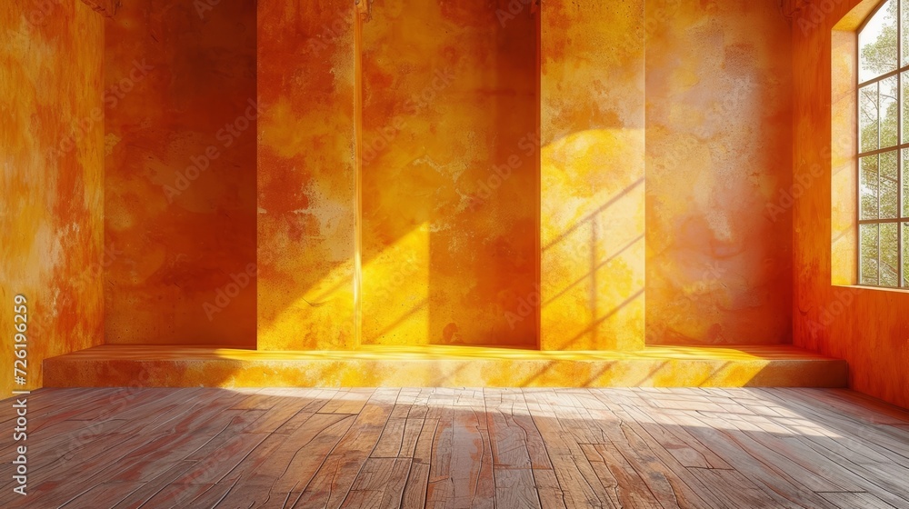 Poster 3d rendering of an orange room with a window and wooden floor - generative ai