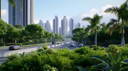 Fototapeta na wymiar photorealism portraits of urban areas with high-rise buildings and green plants beside the roads