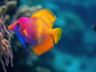 Naklejka premium Multicolored tropical fish form a heart shape swimming underwater, diving, vivid underwater photo