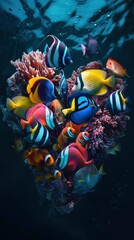 Multicolored tropical fish form a heart shape swimming underwater, diving, vivid underwater photo