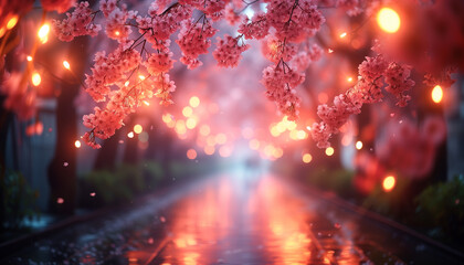Naklejka premium An empty lane mesmerizes with a canopy of cherry blossoms, with petals gently falling in the rain..