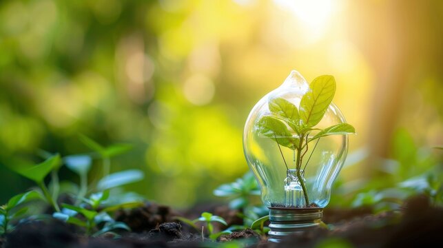 Renewable energy, eco friendly concept photo with glass bulb and green plant inside it