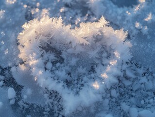 Snow crystals form a heart shape on the icy surface, close up photo, top view, sunny winter day