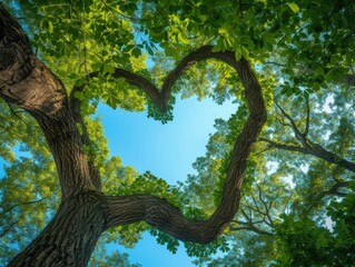 Thick and lush tree branches form a heart shape through which you can see the beautiful blue sky,...