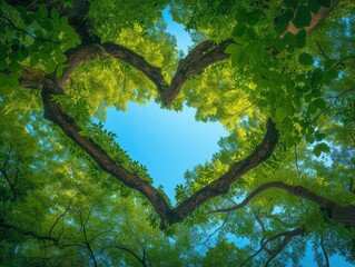 Thick and lush tree branches form a heart shape through which you can see the beautiful blue sky, summer day, forest, bottom up view