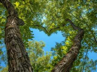 Fototapeta premium Thick and lush tree branches form a heart shape through which you can see the beautiful blue sky, summer day, forest, bottom up view