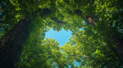 Fototapeta na wymiar Thick and lush tree branches form a heart shape through which you can see the beautiful blue sky, summer day, forest, bottom up view