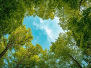 Thick and lush trees form a heart shape through which you can see the beautiful blue sky, summer day, forest, bottom up view