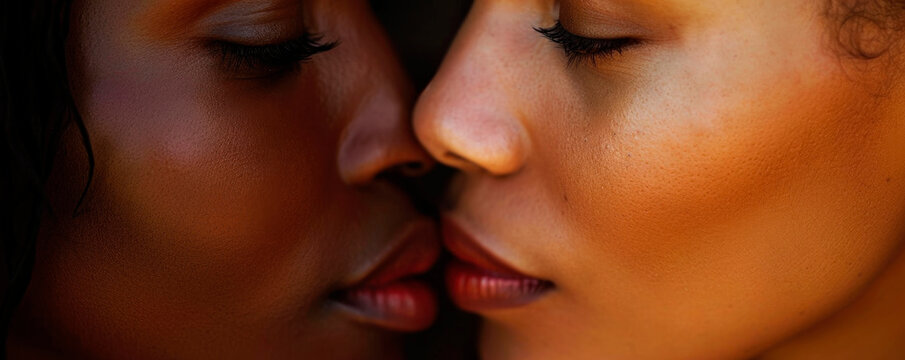 Sexy lesbian lovers kissing, foreplay. Closeup of pair women mouths kissing. Sensual lips kisses of two beautiful sexy lesbian women on a dark background. AI generated.