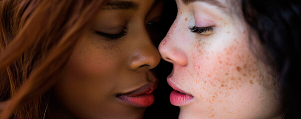 Sexy lesbian lovers kissing, foreplay. Closeup of pair women mouths kissing. Sensual lips kisses of two beautiful sexy lesbian women on a dark background. AI generated.
