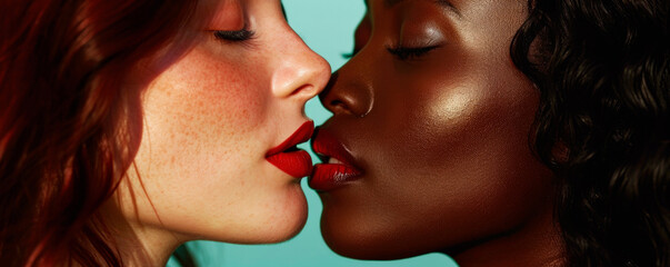 Sexy lesbian lovers kissing, foreplay. Closeup of pair women mouths kissing. Sensual lips kisses of...