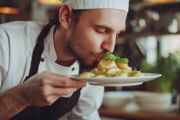 Photo of attractive male cook with love to food polish pierogi