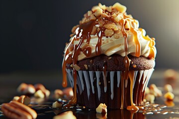 Caramel cupcake with nuts and butterscotch syrup