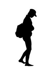 silhouette of a girl with a backpack black and white