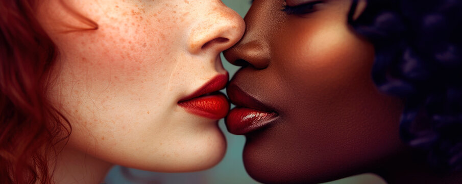 Sexy lesbian lovers kissing, foreplay. Closeup of pair women mouths kissing. Sensual lips kisses of two beautiful sexy lesbian women on a dark background. AI generated.