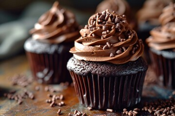 Dark chocolate cupcakes with whipped ganache frosting