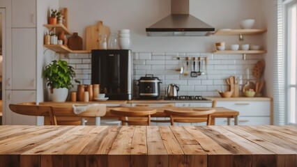 Fototapeta na wymiar Modern Contemporary Kitchen: Wooden Table Top on Blur Background. Generative AI.