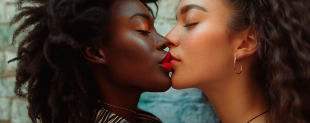 Sexy lesbian lovers kissing, foreplay. Closeup of pair women mouths kissing. Sensual lips kisses of two beautiful sexy lesbian women on a dark background. AI generated. - obrazy, fototapety, plakaty