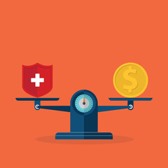 Medical cross and dollar coin on scales. Expensive health insurance concept.