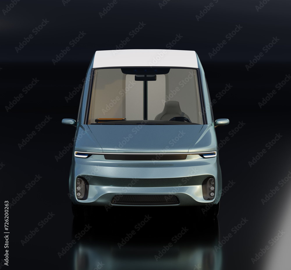 Poster front view of electric delivery van on black background. generic design. 3d rendering image.