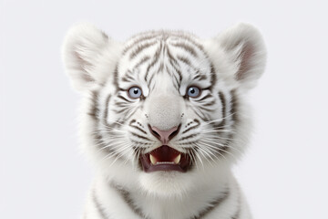 Fototapeta premium White Tiger cub on a white background. Adorable 3D cartoon animal close-up portrait. 