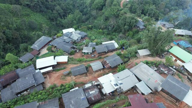 Aerial view from drone of the rural village and Doi luang Chiang Dao mountain, Thailand 