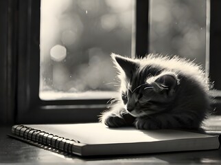 Black and white photo of a tiny, adorable kitten sleeping on a desk near a window, sketchbook and pencil nearby, vintage feel, soft lighting, generative ai - obrazy, fototapety, plakaty