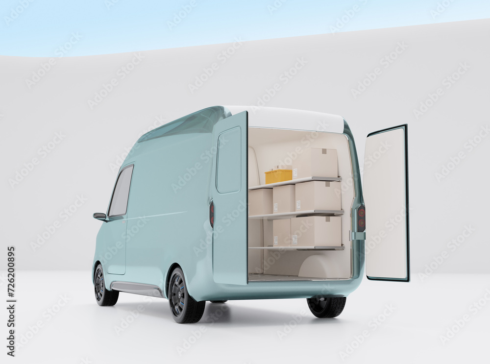 Aufkleber rear view of electric delivery van with open rear doors. generic design. 3d rendering image.