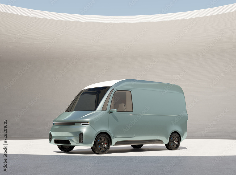Poster electric delivery van on designed background. generic design. 3d rendering image.