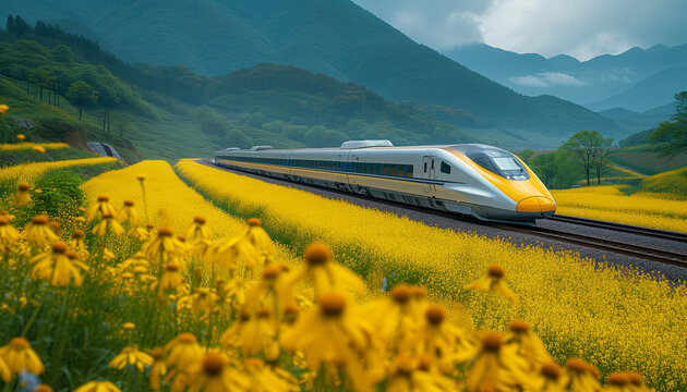 A sleek high-speed train races along tracks bordered by stunning yellow flower fields with misty mountains in the background.