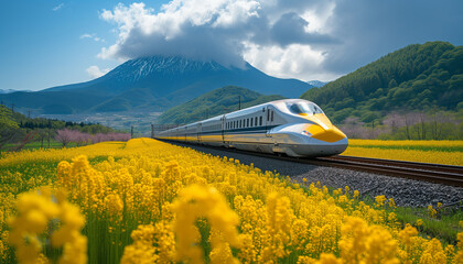 A sleek high-speed train races along tracks bordered by stunning yellow flower fields with misty...