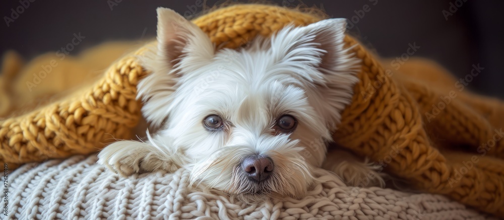 Sticker a sweet white dog with expressive eyes lying on a knitted blanket in a close-up photo, illuminated b