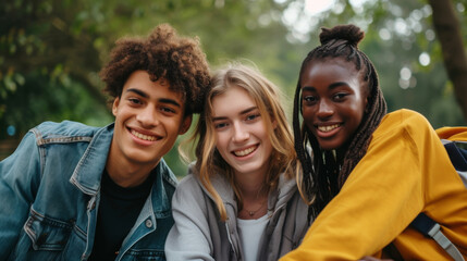 Group of three college friends smiling and laughing together as they pose for a picture - obrazy, fototapety, plakaty