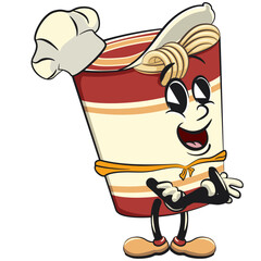vector isolated clip art illustration of cute instant noodles cup mascot wearing a chef's hat and wearing a red scarf, work of handmade