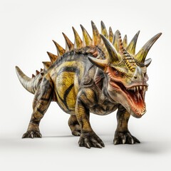 Isolated wooden toy depicting a Tyrannosaurus Rex dinosaur,