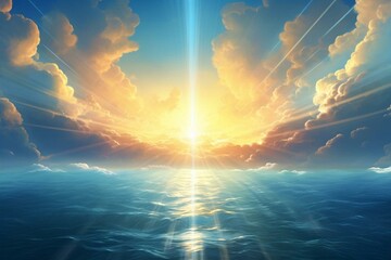 Illustration of a serene ocean with light rays, waves, and clouds. It embodies spirituality, faith, and belief in heaven and God. Generative AI