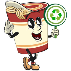 vector isolated clip art illustration of cute instant noodles cup mascot carrying a sign Eco friendly with recycling icon, work of handmade 