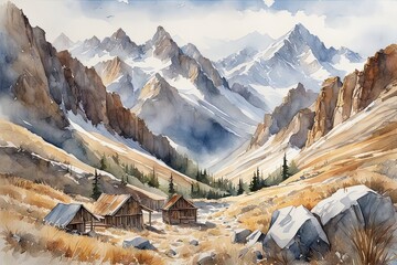 Graphic Drawing of a rustic mountain river valley - obrazy, fototapety, plakaty